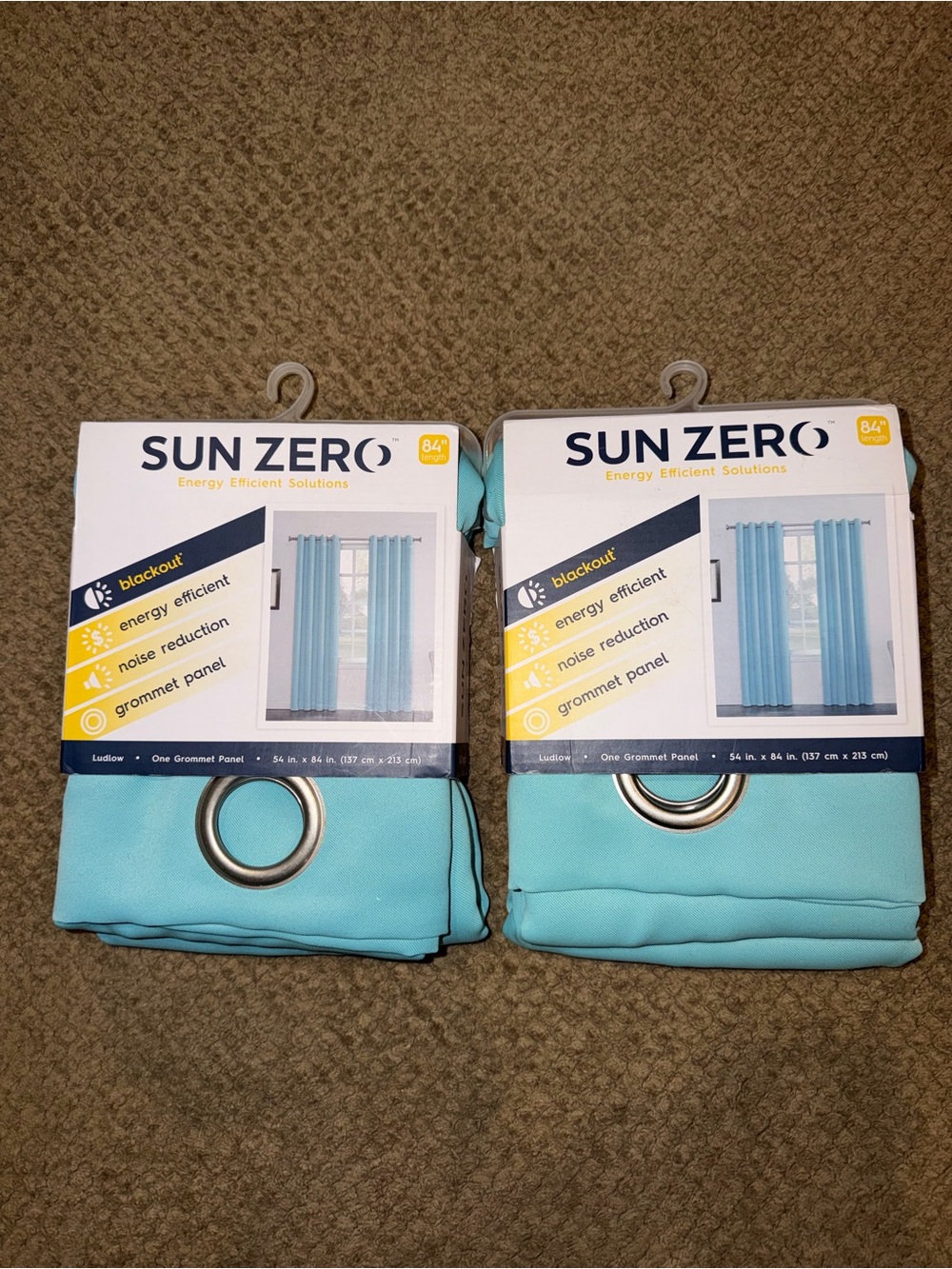 Sun Zero Blackout Aqua Polyester Grommet Two Panels Window Curtains - 54” x 84”